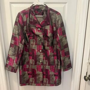 Tribal Women's Pink Purple Gray Silver‎ Metallic Abstract Long Coat Jacket Sz 12